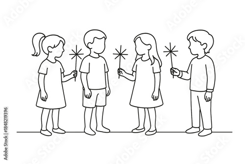 Children with Sparklers. Children with sparklers ready. Minimalistic one-line drawing children holding unlit