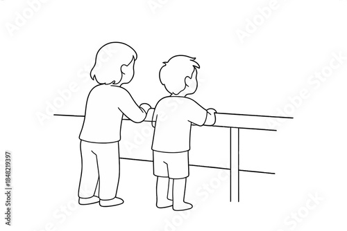 Children on Balcony. Children on balcony. Minimalistic one-line drawing children leaning on a balcony rail