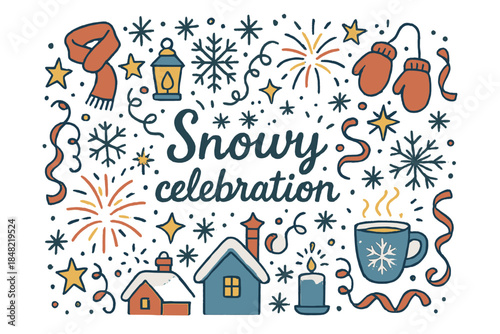 Snowy Celebration Doodle. Snowy celebration. Hand-drawn doodle illustration of Snowy celebration. Snowflakes,