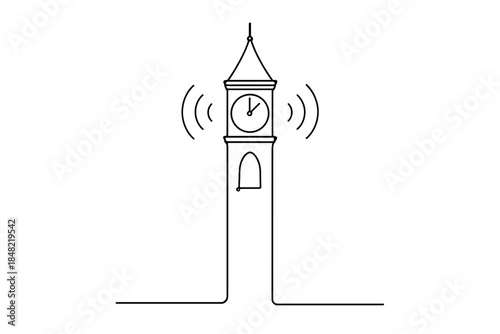 Midnight Clock Tower. A magical moment when the clock turns twelve city bells. Minimalistic one-line drawing a