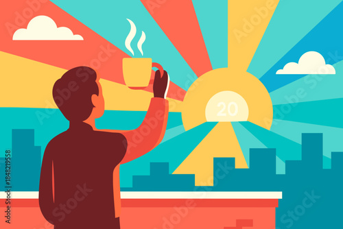 Rooftop Sunrise Greeting. Rooftop sunrise greeting. A figure lifts a steaming mug toward the rising sun; soft