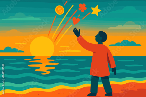 Seaside Sunrise Ritual. Seaside sunrise ritual. Gentle waves catch the morning glow while a character throws