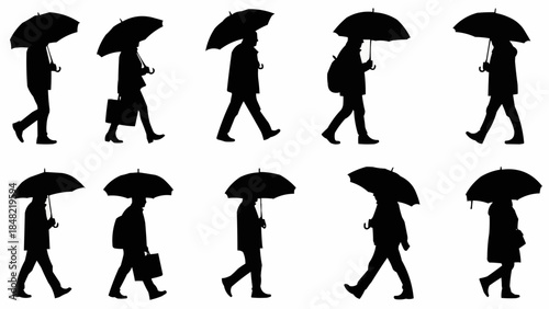 People walking with umbrellas in various poses and outfits
