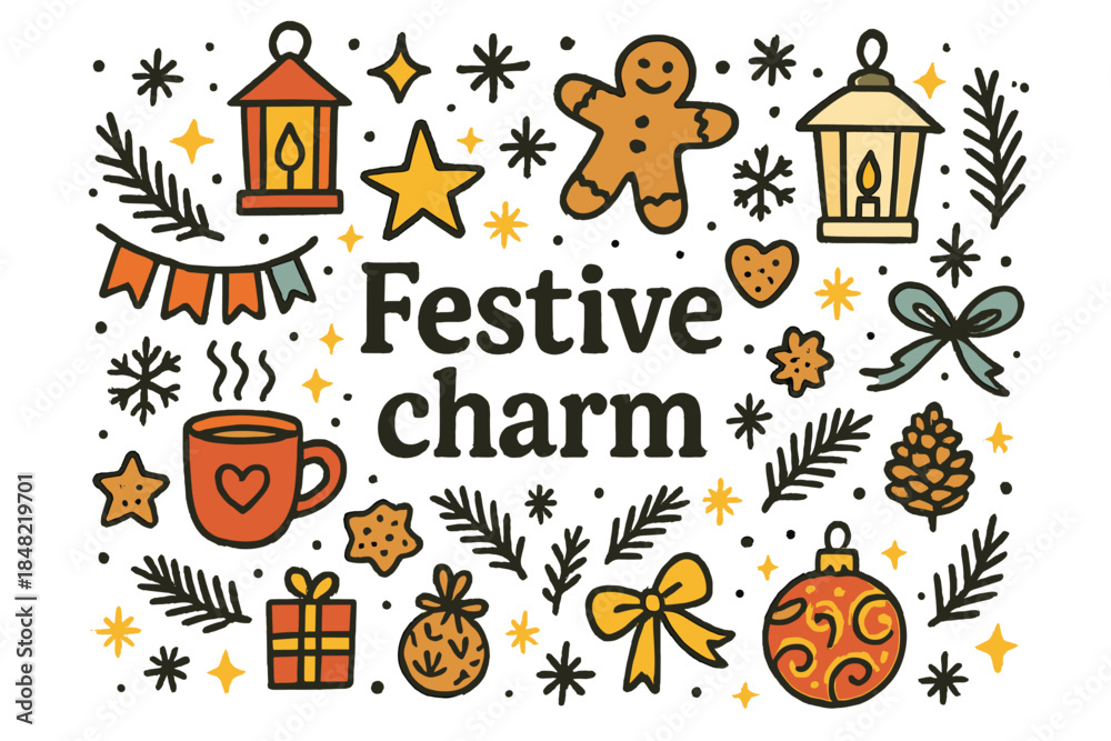 Fototapeta premium Festive Doodle Wonder. Festive charm. Hand-drawn doodle illustration of Festive charm. Lanterns, stars,