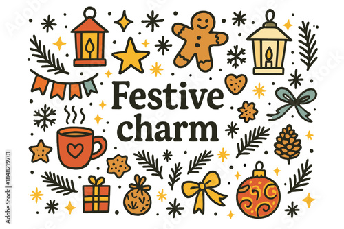 Festive Doodle Wonder. Festive charm. Hand-drawn doodle illustration of Festive charm. Lanterns, stars,