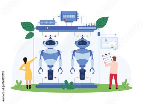 Engineers collaborating on the construction of advanced robots in a futuristic lab. Monitors displaying data and analysis. Robotic arms and components in the background vector illustration.