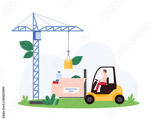 Delivery of donation, humanitarian aid for homeless and poor people. Volunteer carrying cardboard box of food for needy on forklift, loading goods with construction crane cartoon vector illustration
