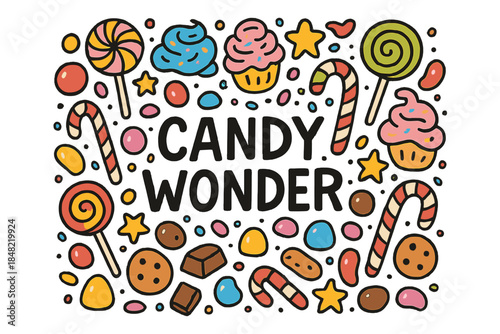 Candy Wonderland Doodle. Candy wonder. Hand-drawn doodle illustration of Candy wonder. Lollipops, candy canes,