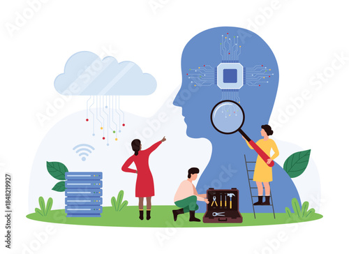 AI and digital brain research and development, engineering. Tiny people with magnifying glass assay microchip and circuit inside human head, control tech innovation cartoon vector illustration