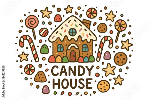 Whimsical Candy House. Candy house. Hand-drawn doodle illustration of Candy house. Gingerbread walls, frosting