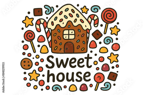 Whimsical Candy House. Sweet house. Hand-drawn doodle illustration of Sweet house. Frosting roof, candy canes,