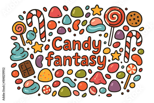 Candy Wonderland. Candy fantasy. Hand-drawn doodle illustration of Candy fantasy. Candy canes, gumdrops,