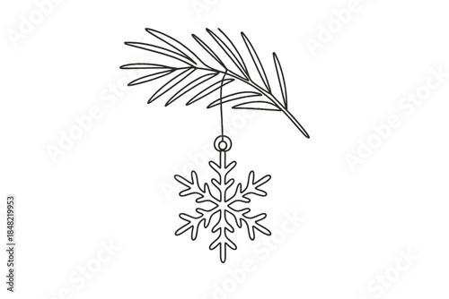 Minimalist Snowflake Ornament. Glittering ornaments hanging on pine branches snowflake charm. Minimalistic one
