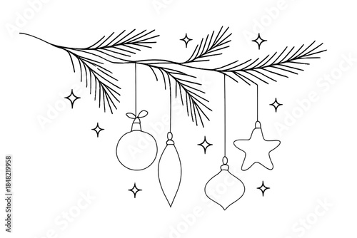 Minimalistic Holiday Ornaments. Glittering ornaments hanging on pine branches tiny lights. Minimalistic