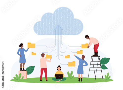Secure cloud data storage, database platform for digital information management. Tiny people download folders with files, share and sync documents and archives online cartoon vector illustration