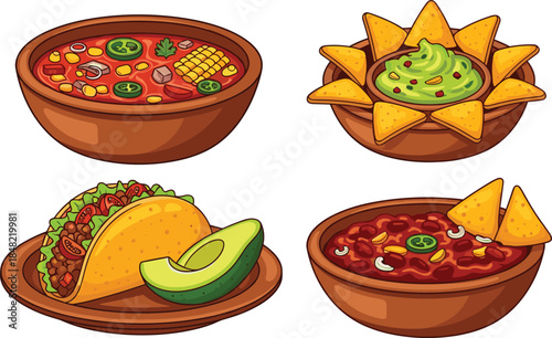 Mexican food illustration set featuring tacos nachos guacamole and spicy soup, colorful traditional cuisine dishes isolated on white background