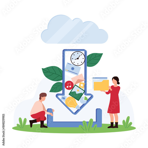 Cloud data download and storage. Tiny people hold folders to upload multimedia files with software and mobile app, colorful icons of internet services inside arrow cartoon vector illustration
