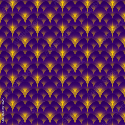 Seamless oriental pattern, a background of purple spheres and hemispheres with a bright golden glow. Vector illustration.