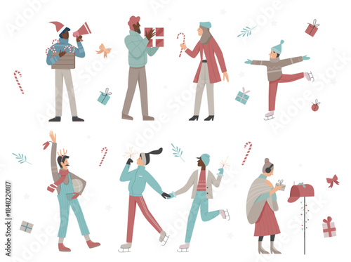 Happy people enjoy Christmas time vector illustration set. Cartoon active characters celebrate winter holidays with xmas gifts, sparklers and Christmas decorations, skate on ice rink background