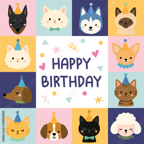 Digital card with pets; cats, dogs, and cute pets, on a coloful background, birthday card