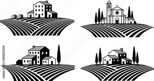 Minimal rural countryside village farm silhouettes with rolling agricultural fields, farmhouse and church icons in black and white vector illustration