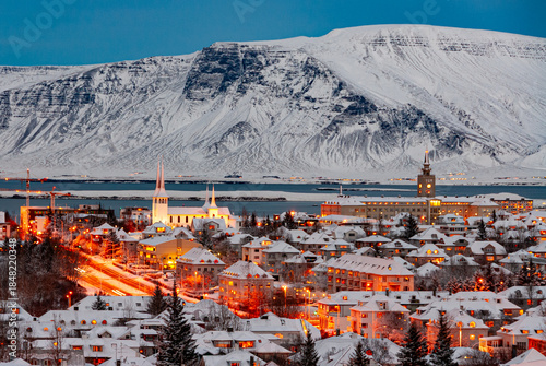 Reykjavik, the capital city of Iceland, at winter in evening