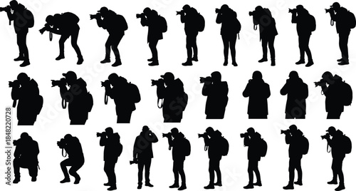 Photographer silhouette set with professional camera poses shooting photos isolated on white background black people vector illustration collection
