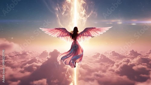 Winged figure flying above clouds illuminated by ethereal light and pink sky