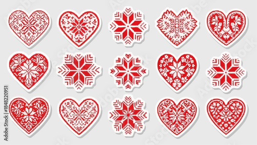 Red heart and snowflake stickers collection for winter design