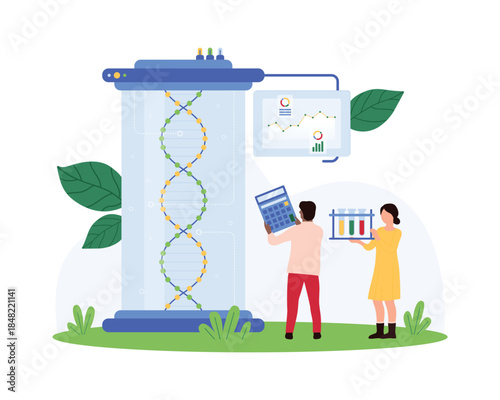 Researchers examining DNA structures with test tubes and calculators, analyzing data on a screen. Large DNA helix displayed prominently vector illustration.