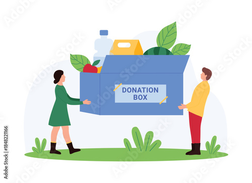 Charity, help of volunteers, public awareness of need for philanthropy. Tiny people give basket with grocery food kit, hold donation box with supermarket products cartoon vector illustration