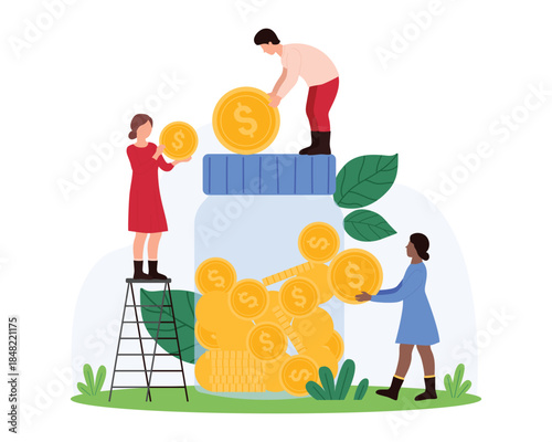 Financial investment and deposit, savings for retirement, charity. Tiny people save gold dollar coins in glass clear jar, invest income and donate cash in donation box cartoon vector illustration
