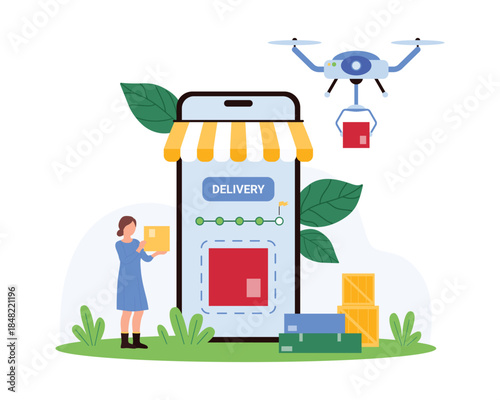 Drone delivery, tracking service of package shipments via mobile app. Tiny woman checking delivery timeline on smartphone screen, flying drone delivering box to customer cartoon vector illustration