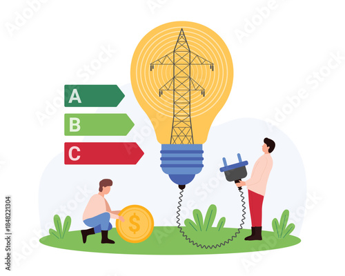 Awareness of electricity savings. Tiny people holding plug from light bulb with power tower inside to turn off consumption, ranking lamp by energy efficiency class cartoon vector illustration