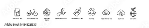 Black-and-white eco icons showing zero waste, green transport, clean air, recycling, and nature protection.