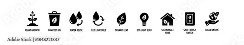 Black-and-white eco icons showing composting, water reuse, energy saving, organic living, and clean nature.