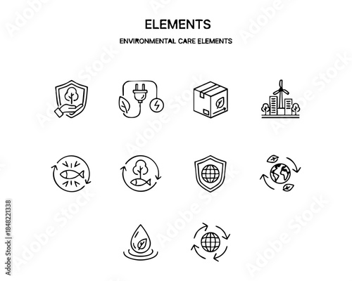 Black-and-white icons showing eco energy, biodiversity, clean water, green cities, and global sustainability.