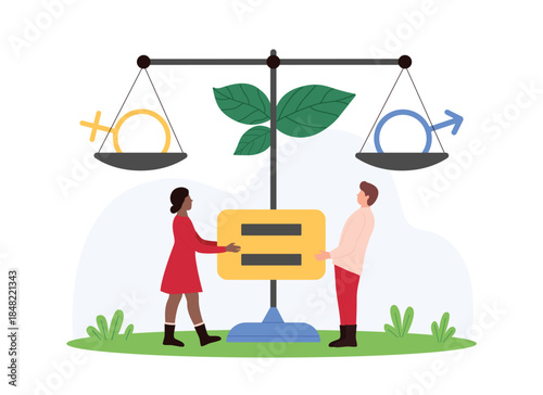 Gender equality, fair opportunity and balance in career competition for man and woman. Tiny people hold equal sign, weigh on justice scales female and male symbols cartoon vector illustration