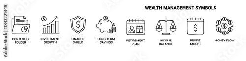 Black-and-white icons showing investment growth, savings, retirement planning, income balance, and money flow.