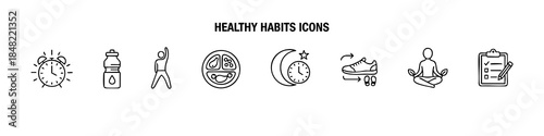 Black-and-white icons showing hydration, sleep, exercise, mindfulness, healthy eating, and habit tracking.