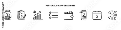 Black-and-white icons showing savings, budgeting, financial goals, mobile banking, and personal finance planning.