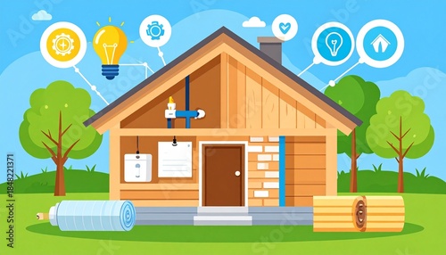 Smart home technology illustration with solar panels