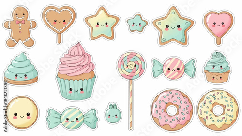Colorful cartoon sweets and baked goods stickers with smiling faces