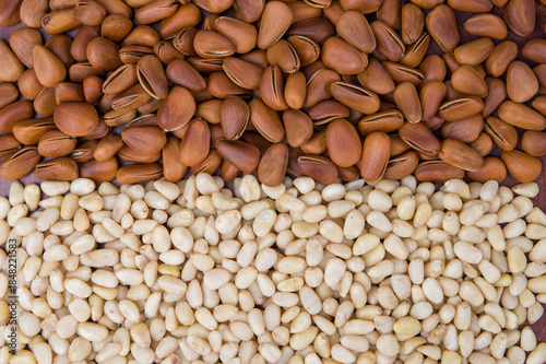 Pine nuts background. Close up of pine nuts for background.