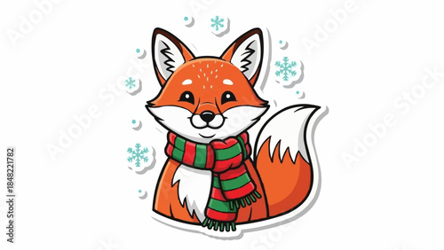 Cute cartoon fox wearing red and green striped scarf in snow