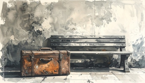 Old suitcase and wooden bench against a textured wall