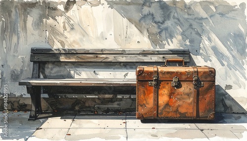 Old suitcase and wooden bench against a textured wall