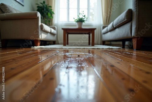 Close-up of a flooded living room floor displaying the extensive damage caused by a water leak to furniture and flooring.