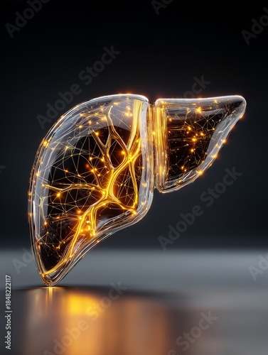3D model of a liver with glowing elements and a dark background showing connections and structures within the organ