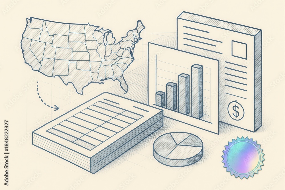 Fototapeta premium Detailed financial analysis tools including US map, data charts, reports and statistical documents conveying economic growth trends enhancing business decisions and strategic planning